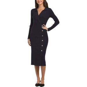 ELIE TAHARI Long Sleeve V-neck Wrap Button Down Rib Midi Dress